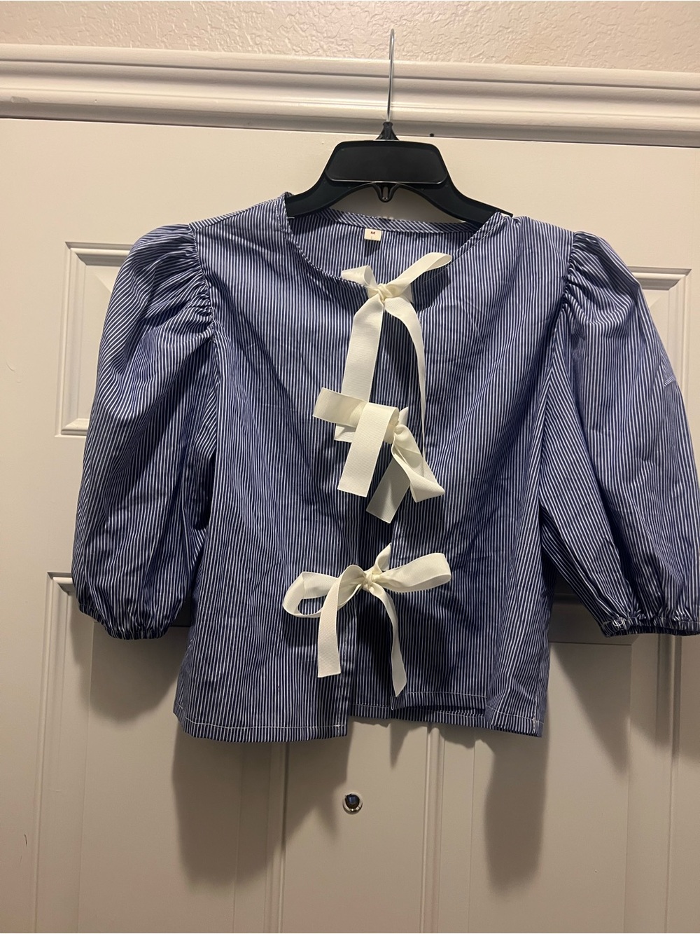 Blue Striped Puff-Sleeve Tie-Back Top